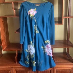 Varun Bahl turquoise long sleeve embroidered hydrangea dress, size 00, EUC